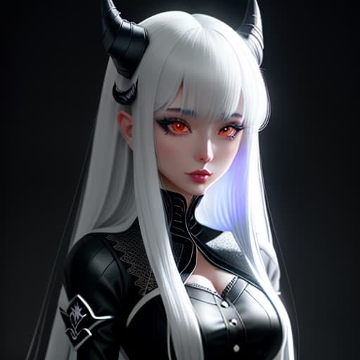  Anime girl in style of mystery on black or white background. Girl should be alone, small demonic horns. Use only white or black color. hyperrealistic, full body, detailed clothing, highly detailed, cinematic lighting, stunningly beautiful, intricate, sharp focus, f/1. 8, 85mm, (centered image composition), (professionally color graded), ((bright soft diffused light)), volumetric fog, trending on instagram, trending on tumblr, HDR 4K, 8K