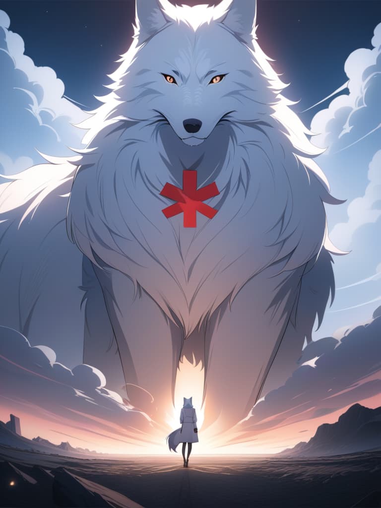  ((white werewolf only、anthropomorphic wolf only、1 man with the head of a wolf))、claw hands:1.2、from behind、looking back:1.2、(white trench coat with a red cross pattern on the back:1.2)、in dark night field、best quality:1.4、masterpiece:1.4、ultra detailed texture、RAW photorealistic、absurd resolution、8K illustration、💩、💩、💩、💩、💩、, masterpiece, best quality,8k,ultra detailed,high resolution,an extremely delicate and beautiful,hyper detail hyperrealistic, full body, detailed clothing, highly detailed, cinematic lighting, stunningly beautiful, intricate, sharp focus, f/1. 8, 85mm, (centered image composition), (professionally color graded), ((bright soft diffused light)), volumetric fog, trending on instagram, trending on tumblr, HDR 4K, 8K