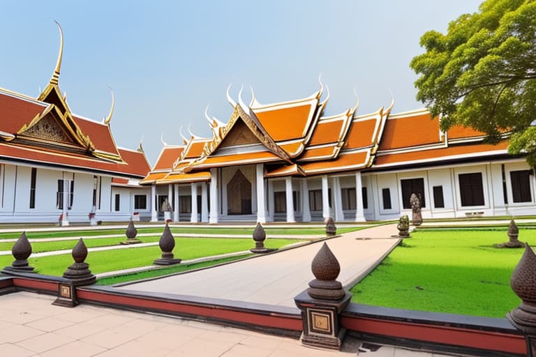  A very wide area is the ground outside a very old Thai palace.