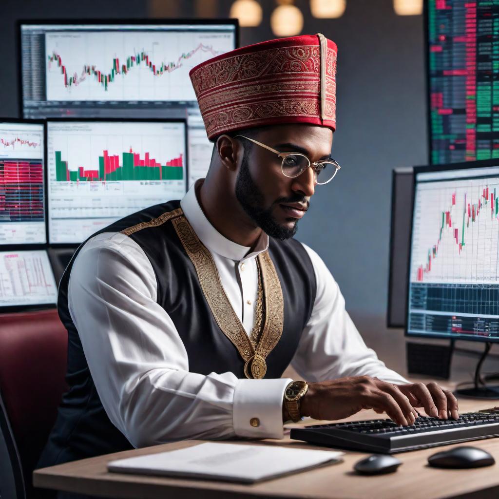  A digital illustration of a Moorish American man trading stocks on his computer. The man is wearing a fez and traditional clothing, sitting at a modern desk with multiple computer screens showing stock market charts and trading platforms. The background features a contemporary office with elements of Moorish design, like ornate patterns and arches, blending the traditional with the modern. The man looks focused and engaged, using a mouse and keyboard to make trades. hyperrealistic, full body, detailed clothing, highly detailed, cinematic lighting, stunningly beautiful, intricate, sharp focus, f/1. 8, 85mm, (centered image composition), (professionally color graded), ((bright soft diffused light)), volumetric fog, trending on instagram, trending on tumblr, HDR 4K, 8K