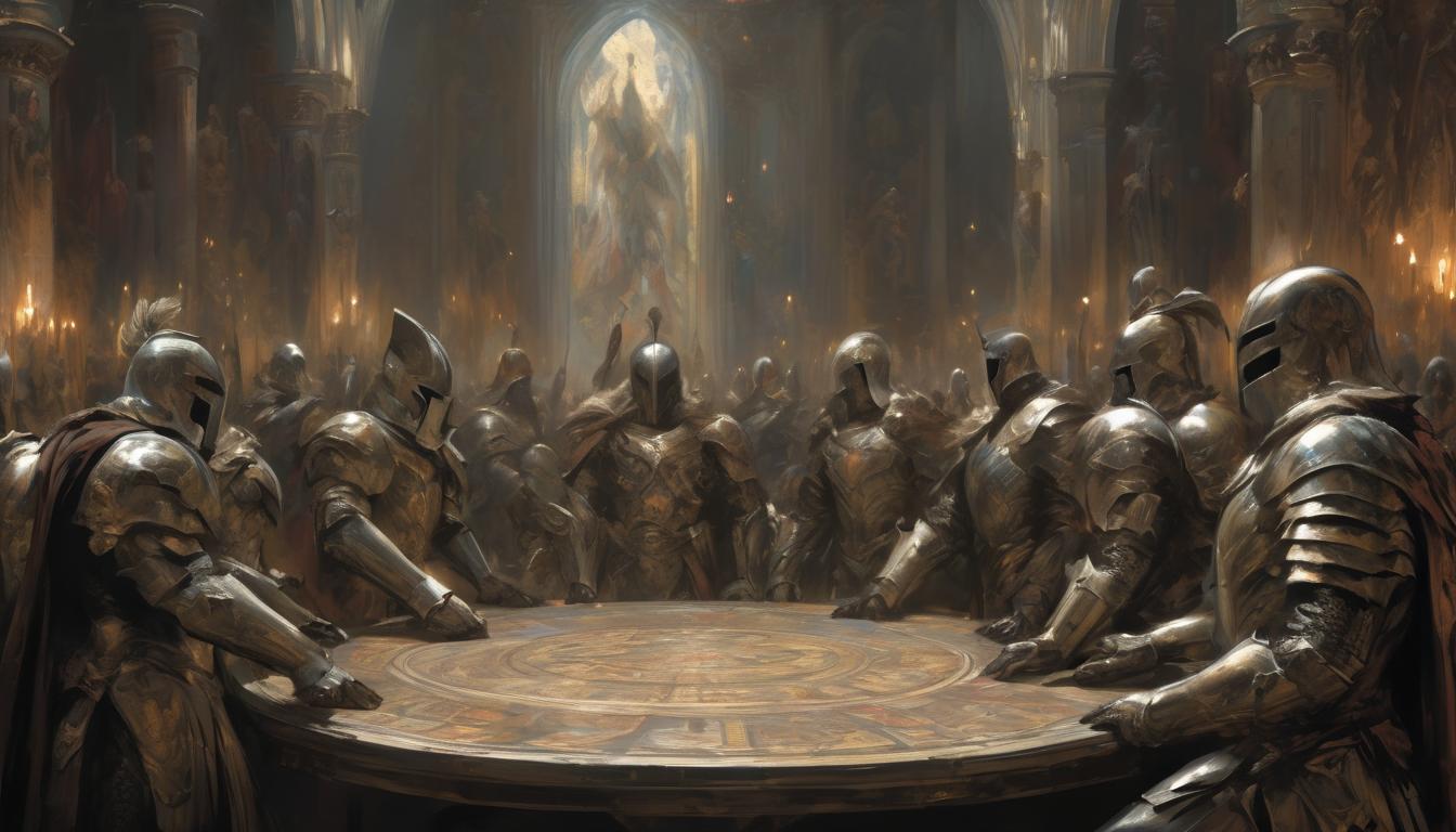  hyperrealism,fantasy aestheticA grand table with curved edges, surrounded by knights in detailed armor, room's background filled with tapestries depicting historic events, table glowing with unity light, legendary, inclusive, high tech clothing clad in sleek, futuristic costume with metallic accents and form fitting designs, marvel superhero comics style, unreal engine rendering