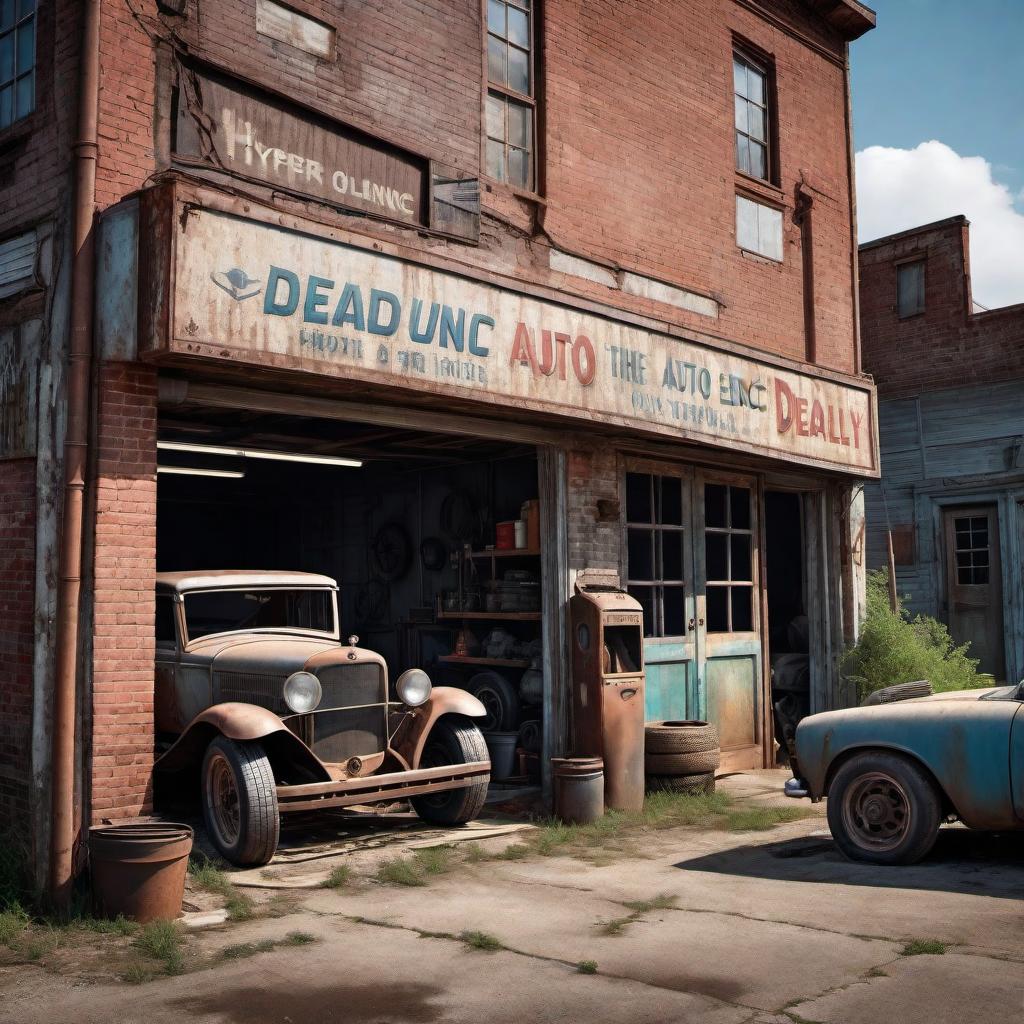  A detailed image of an auto service shop named 'Deadly Unc’s Tire and Auto Service.' The shop should look a bit rundown, with a weathered sign that prominently displays the name. There should be a variety of tires stacked outside, along with some old, rusty car parts scattered around. A classic car should be elevated on a lift inside the garage, with a mechanic working on it. The setting should have an industrial feel, with power tools, oil stains, and a bit of a gritty atmosphere. hyperrealistic, full body, detailed clothing, highly detailed, cinematic lighting, stunningly beautiful, intricate, sharp focus, f/1. 8, 85mm, (centered image composition), (professionally color graded), ((bright soft diffused light)), volumetric fog, trending on instagram, trending on tumblr, HDR 4K, 8K