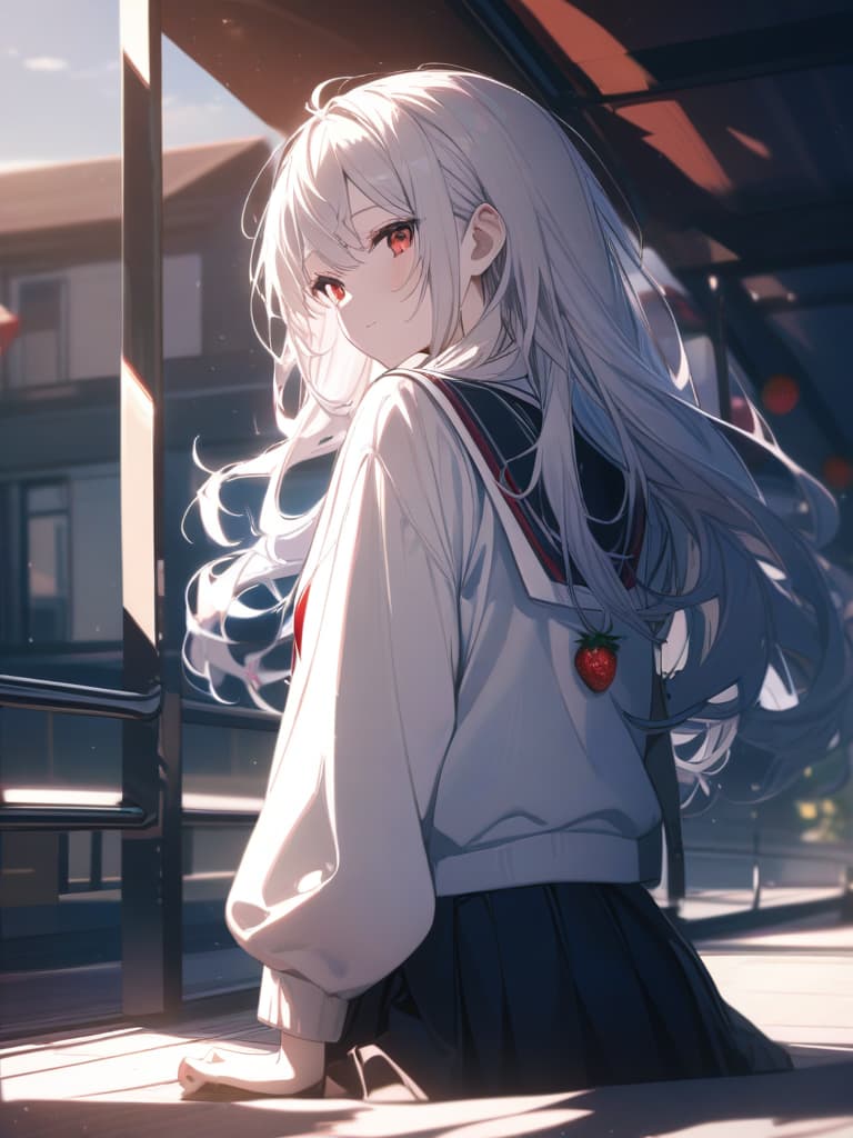  Cute, girl, young face, white skin, thin body, fluffy hair, white hair, bright red eyes, strawberry decorations, school uniforms, fluffy long hair, sunset, masterpiece, best quality,8k,ultra detailed,high resolution,an extremely delicate and beautiful,hyper detail