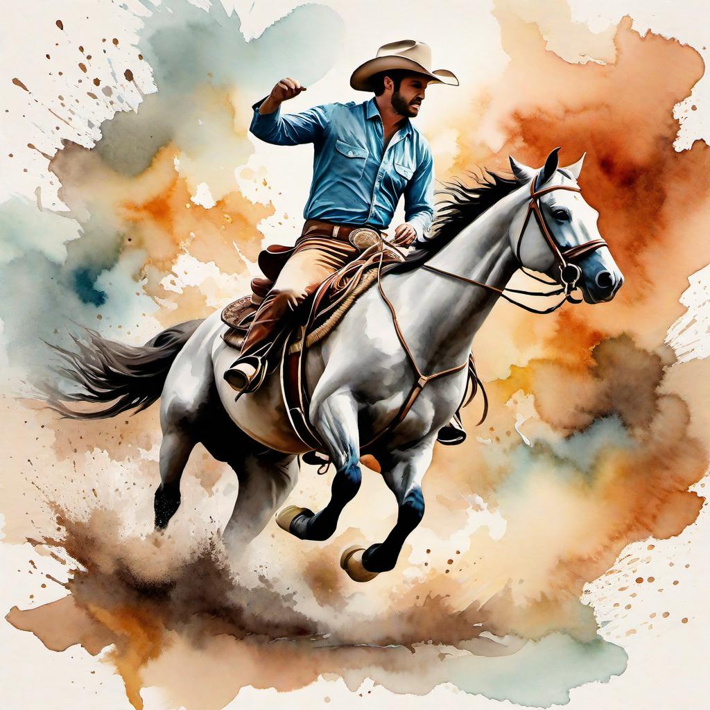  Create a watercolor painting of a man ridding a bucking horse at a rodeo. The background features soft, watercolor style splashes in earthy tones, giving the image an artistic and dreamy feel. Ensure the overall image has a delicate watercolor effect.