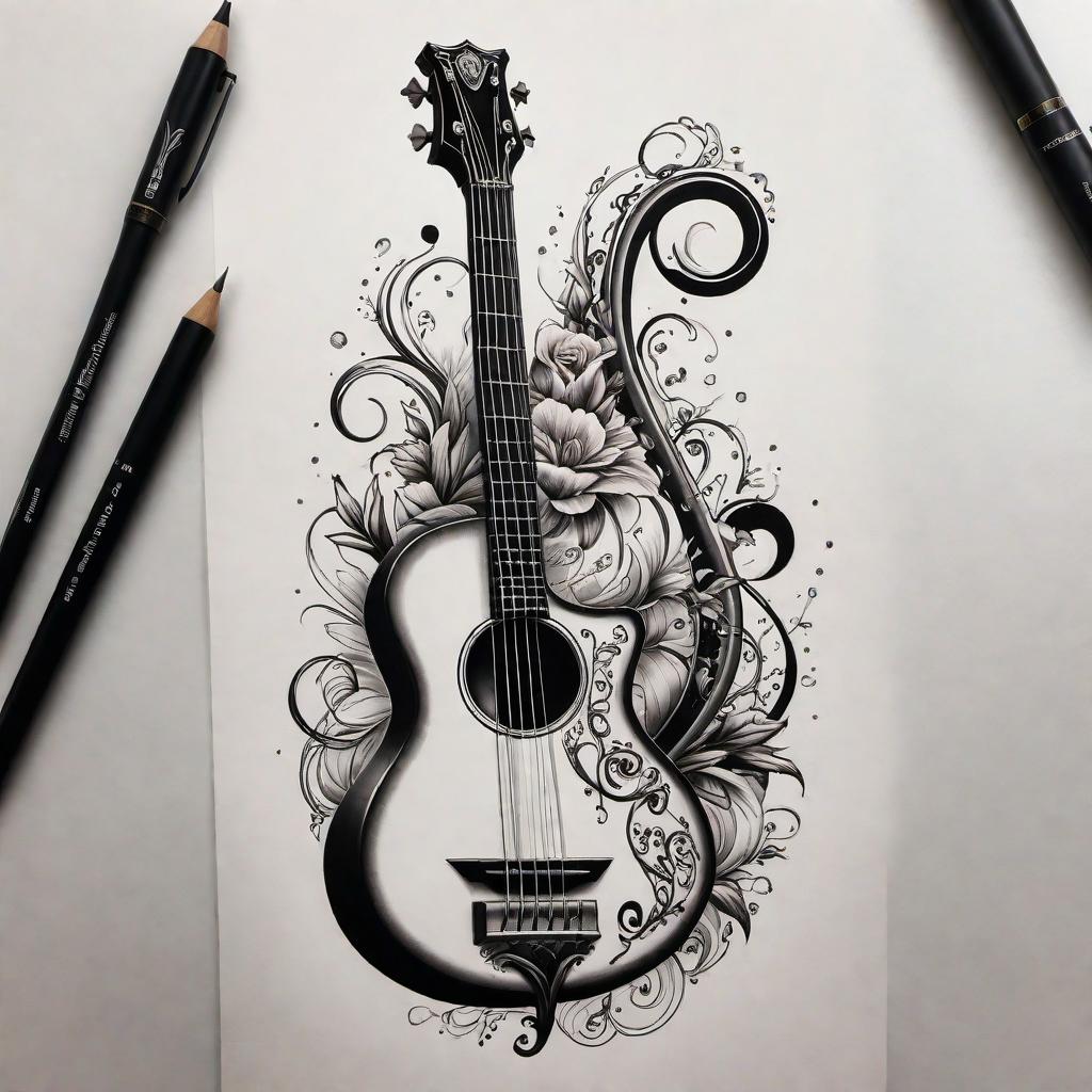  Tattoo design featuring a bass clef and a bass guitar. The bass clef should be stylized and elegantly integrated with or surrounding the bass guitar. The design should be sleek and modern, and can include musical notes or other elements that convey a musical theme. hyperrealistic, full body, detailed clothing, highly detailed, cinematic lighting, stunningly beautiful, intricate, sharp focus, f/1. 8, 85mm, (centered image composition), (professionally color graded), ((bright soft diffused light)), volumetric fog, trending on instagram, trending on tumblr, HDR 4K, 8K