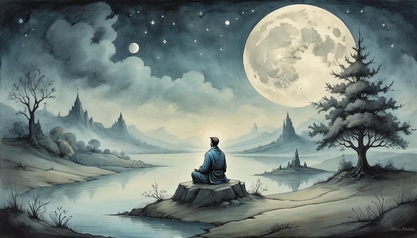  on parchment, surrealism+++, A solitary figure meditating under a moonlit sky, serene landscape, soft shadows, feeling of isolation, tranquility(mysterious, provocative, symbolic,muted color)+++