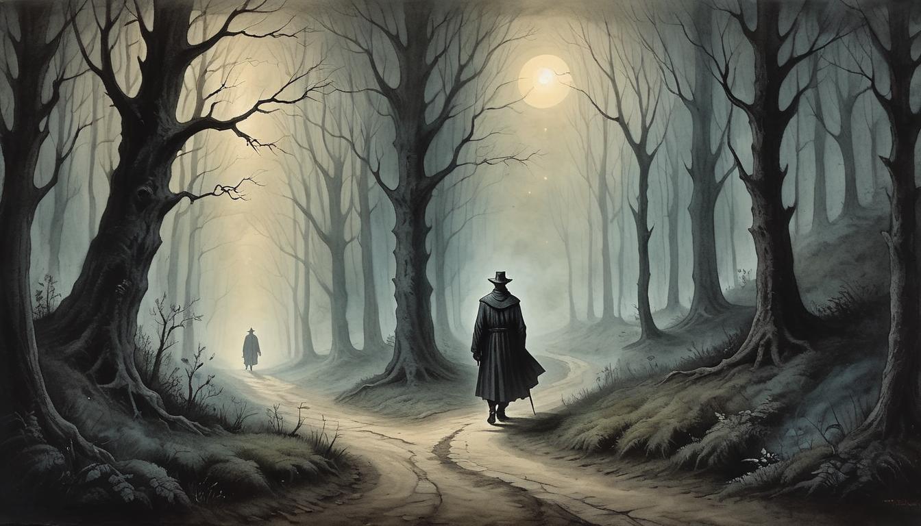  on parchment, surrealism+++, A solitary figure walking on a shadowed path, dark forest setting, illuminated trail guiding the way, ethereal light, sense of solitude and determination.(mysterious, provocative, symbolic,muted color)+++