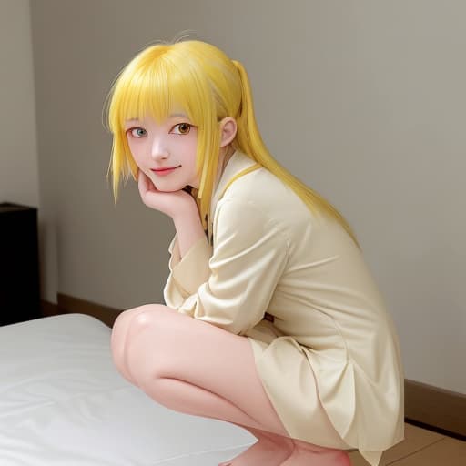  tomoe mami,,face uncovered in,in puella magi madoka magica style ,short long hair, 75kg, bangs are side parted hair,yellow hair,drill hair,tie her hair low at the back of her head,, cute smile, no clothes, squatting in bed from above,, clear detailed photo, sharp focus, high resolution, 4k uhd, perfectly detailed big eyes, real life perso