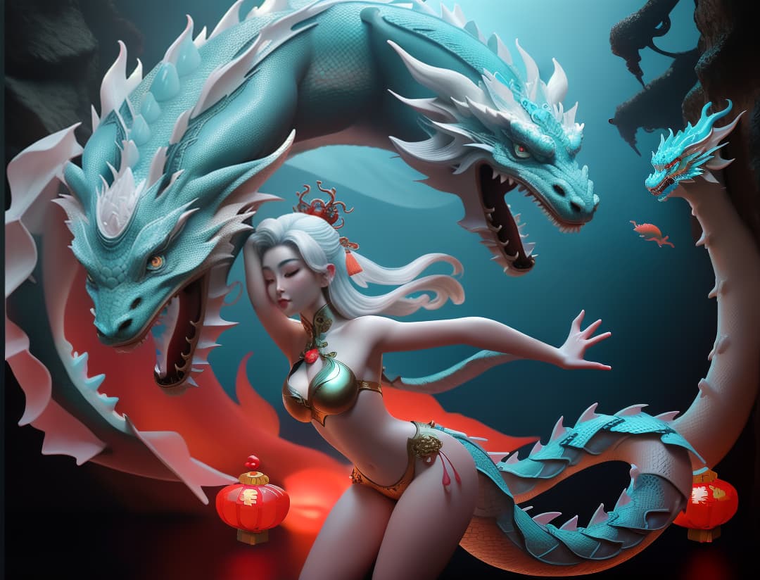  A Chinese underwater holy temple, giant dragon, nude woman dancing, nude woman controlling the dragon the so beautiful she loves the dragon. the Chinese white dragon. , hyperrealistic, high quality, highly detailed, cinematic lighting, intricate, sharp focus, f/1. 8, 85mm, (centered image composition), (professionally color graded), ((bright soft diffused light)), volumetric fog, trending on instagram, HDR 4K, 8K