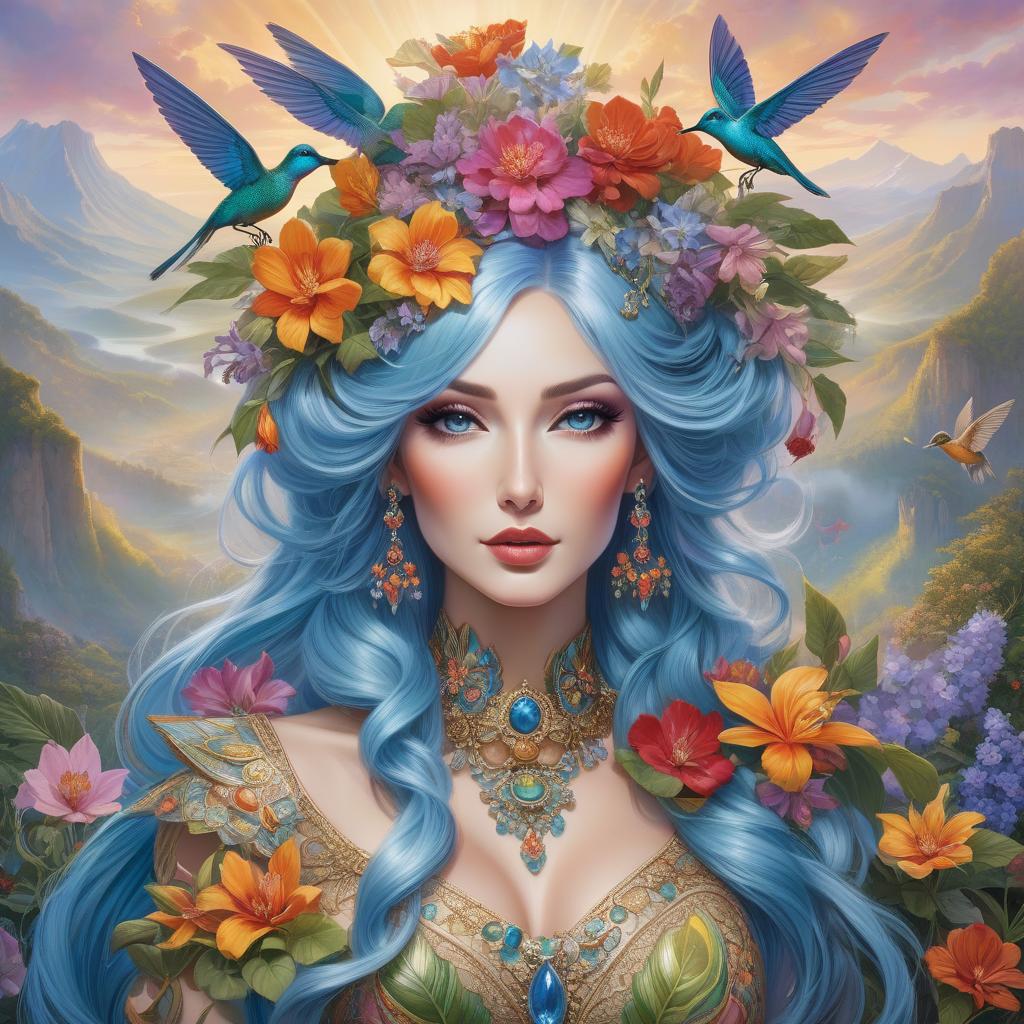  A vibrant artwork of a woman with blue hair adorned with colorful flowers, jewelry, and hummingbirds against a scenic nature background. START FROM BASE IMAGE +STYLE BY Graciela Rodo Boulanger +WHIMSICAL +WONDERFUL+DELICIOUS+COLORFUL+ JOSEN +WHIMSICAL STYLE+COLORFUL+Heather Galler+MIX AND COMBINATION OF STYLES WITH GRACE AND COLOR LIKE A MASTERPIECE+SPLENDOROUS AND UNIQUE+JOSEPHINE WALL STYLE hyperrealistic, full body, detailed clothing, highly detailed, cinematic lighting, stunningly beautiful, intricate, sharp focus, f/1. 8, 85mm, (centered image composition), (professionally color graded), ((bright soft diffused light)), volumetric fog, trending on instagram, trending on tumblr, HDR 4K, 8K