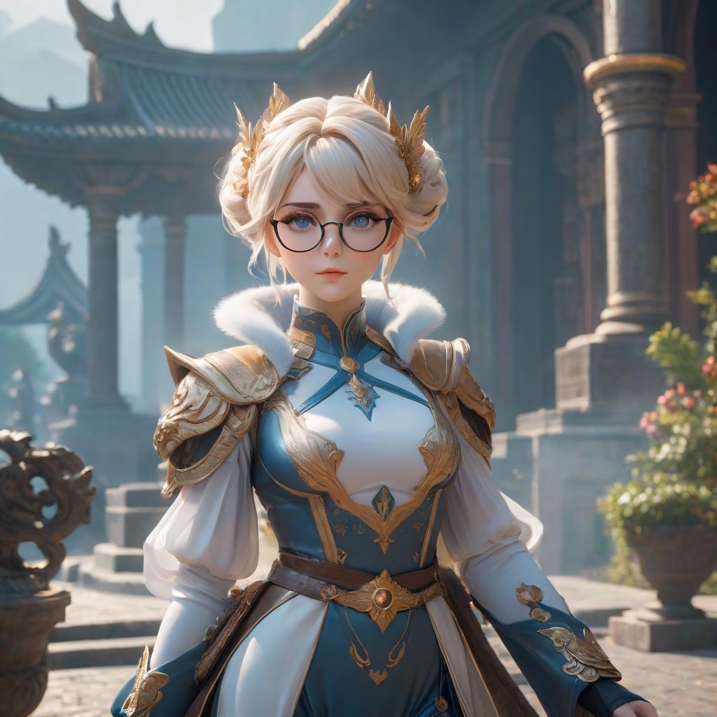  The goddess of balance and order. Short light hair and glasses. hyperrealistic, full body, detailed clothing, highly detailed, cinematic lighting, stunningly beautiful, intricate, sharp focus, f/1. 8, 85mm, (centered image composition), (professionally color graded), ((bright soft diffused light)), volumetric fog, trending on instagram, trending on tumblr, HDR 4K, 8K