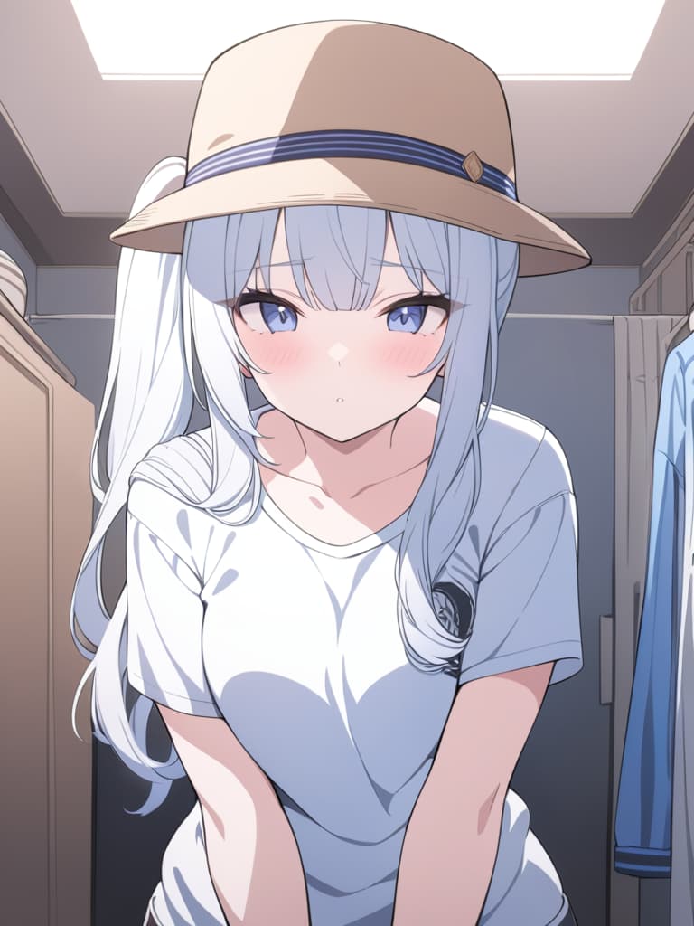  best quality,master piece,white hair,blue hair,anime style,hires,bust shot,1girl,focused,side ponytail,fedora hat,t shirt,inside,nursery,, masterpiece, best quality,8k,ultra detailed,high resolution,an extremely delicate and beautiful,hyper detail