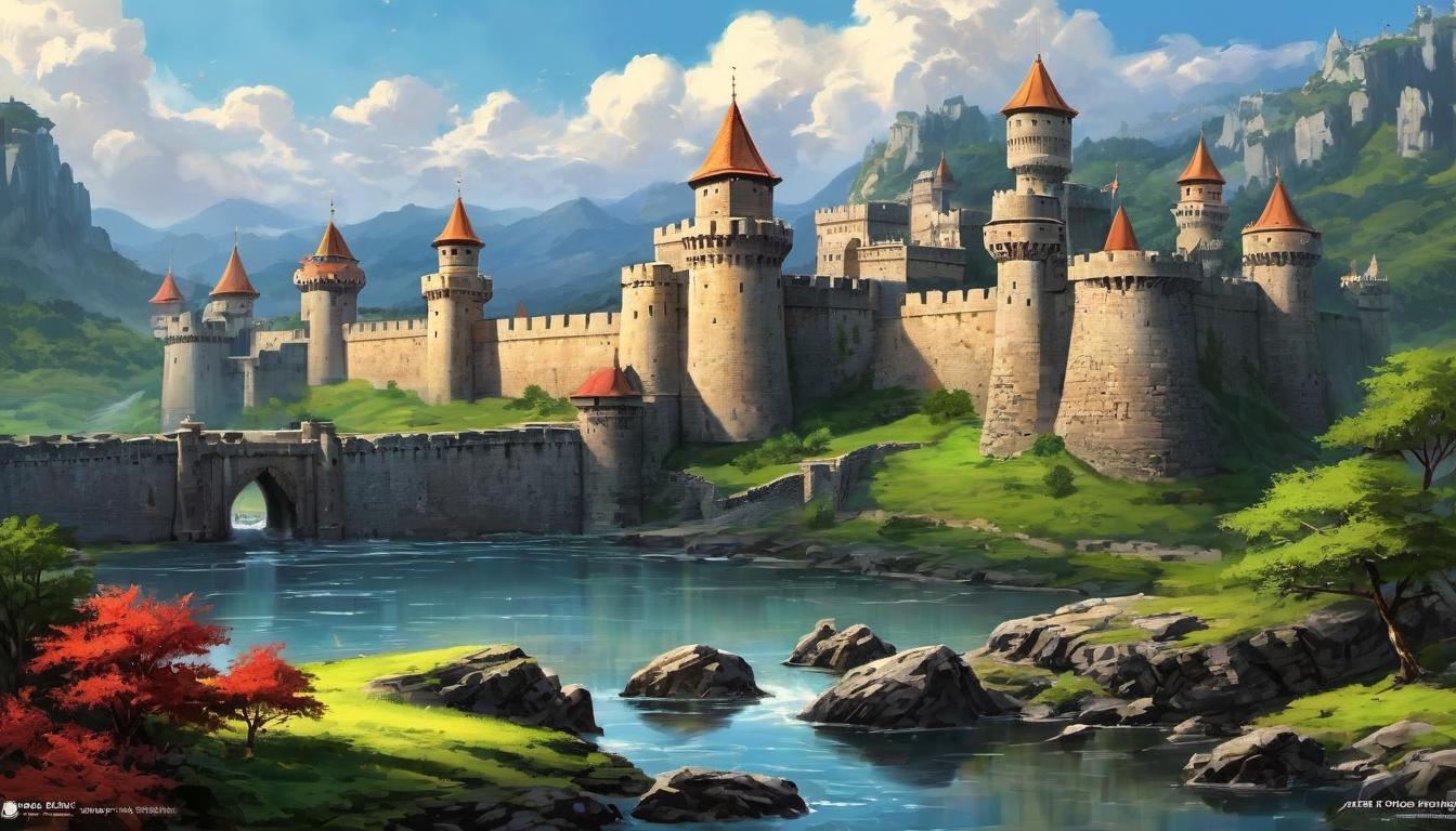  digital painting of Imposing fortresses, strong and unyielding, massive stone walls, towering turrets, defensive structures, sense of protection and dominion looking at viewer, dynamic pose, (intricate details, masterpiece, best quality)