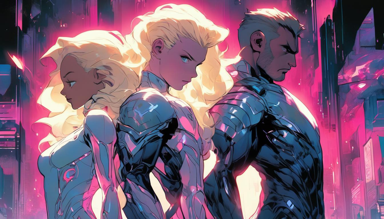  hyperrealism,fantasy aesthetic1man1woman, large busted attractive blonde arian female humanoid and handsome male humanoid, using holographic screens, futuristic setting, high tech clothing clad in sleek, futuristic costume with metallic accents and form fitting designs, marvel superhero comics style, unreal engine rendering