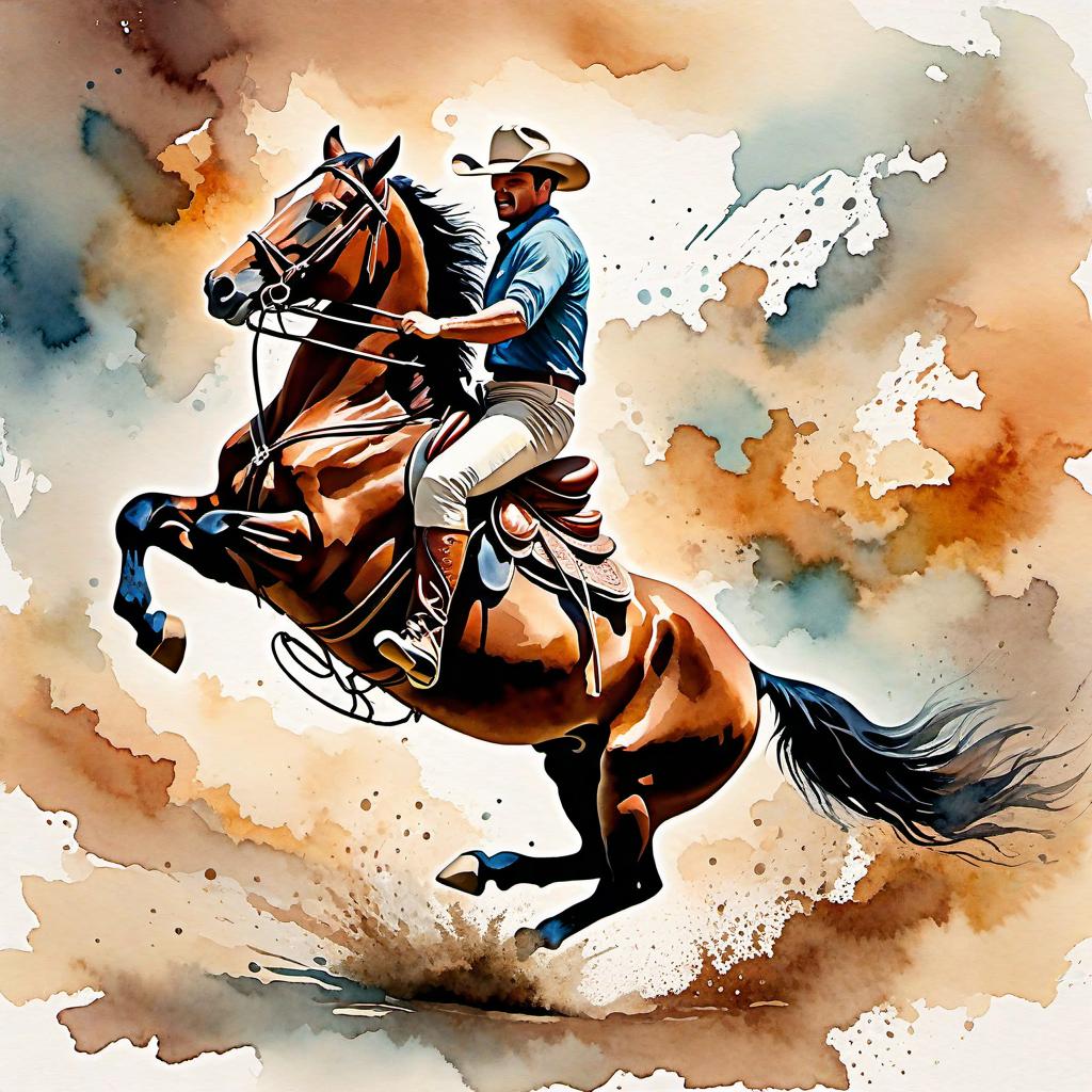  Create a watercolor painting of a man ridding a bucking horse at a rodeo. The background features soft, watercolor style splashes in earthy tones, giving the image an artistic and dreamy feel. Ensure the overall image has a delicate watercolor effect.