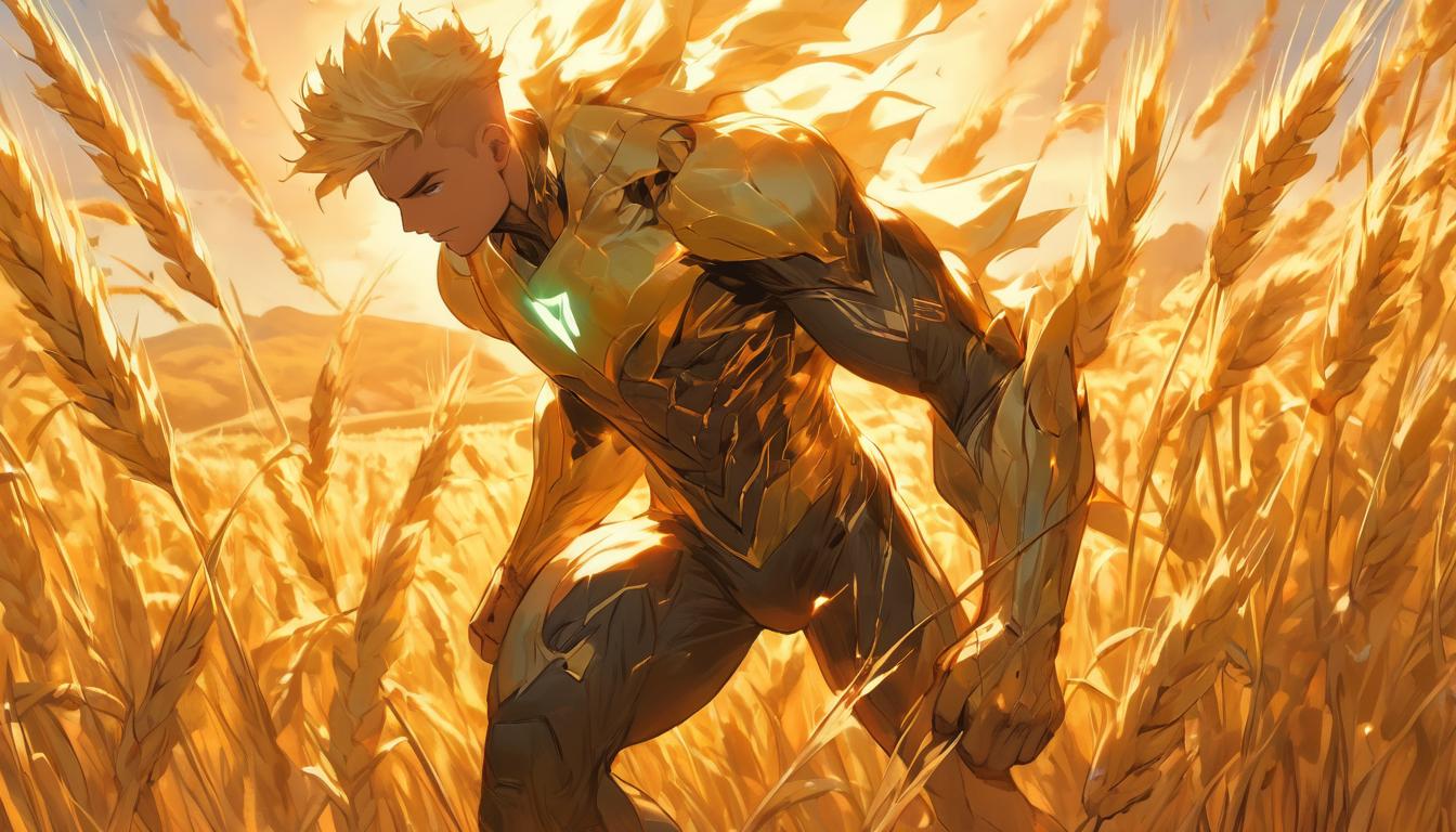  hyperrealism,fantasy aesthetic1man, attractive blonde arian male humanoid, surrounded by golden wheat fields, bountiful harvest, cooperative farming community, high tech clothing clad in sleek, futuristic costume with metallic accents and form fitting designs, marvel superhero comics style, unreal engine rendering