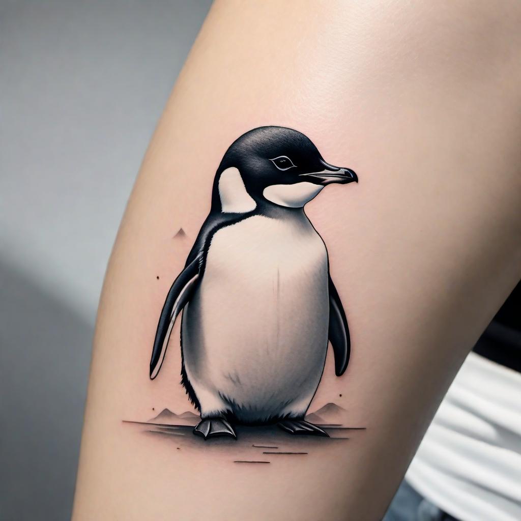  A minimalist tattoo design featuring a single penguin. The design should use clean lines and simple shapes to maintain a minimalist aesthetic, and should be in black and white colors only. hyperrealistic, full body, detailed clothing, highly detailed, cinematic lighting, stunningly beautiful, intricate, sharp focus, f/1. 8, 85mm, (centered image composition), (professionally color graded), ((bright soft diffused light)), volumetric fog, trending on instagram, trending on tumblr, HDR 4K, 8K