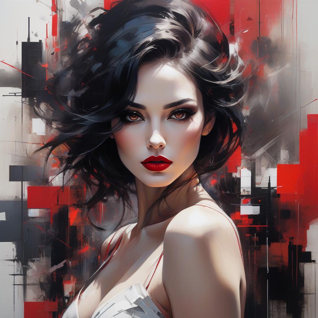  Style by Russ Mills and Piet Mondrian. A captivating abstract portrait of a woman with bold features, including striking red lips, dark and captivating eyes, with a smoky eye effect that enhances her intense gaze, and flowing black hair, against an abstract background of geometric shapes in vibrant colours, evoking a modern and fragmented, pixelated canvas. Face is abstract geometric shapes, matte finish, minimalistic surrealism. Centered, symmetry, painted, intricate, volumetric lighting, beautiful, rich deep colours masterpiece, sharp focus, ultra detailed. Blend realism and abstraction, incorporating elements of movement and depth, creating a harmonious fusion that captures contemporary beauty against a bold abstract backdrop. Allow line hyperrealistic, full body, detailed clothing, highly detailed, cinematic lighting, stunningly beautiful, intricate, sharp focus, f/1. 8, 85mm, (centered image composition), (professionally color graded), ((bright soft diffused light)), volumetric fog, trending on instagram, trending on tumblr, HDR 4K, 8K