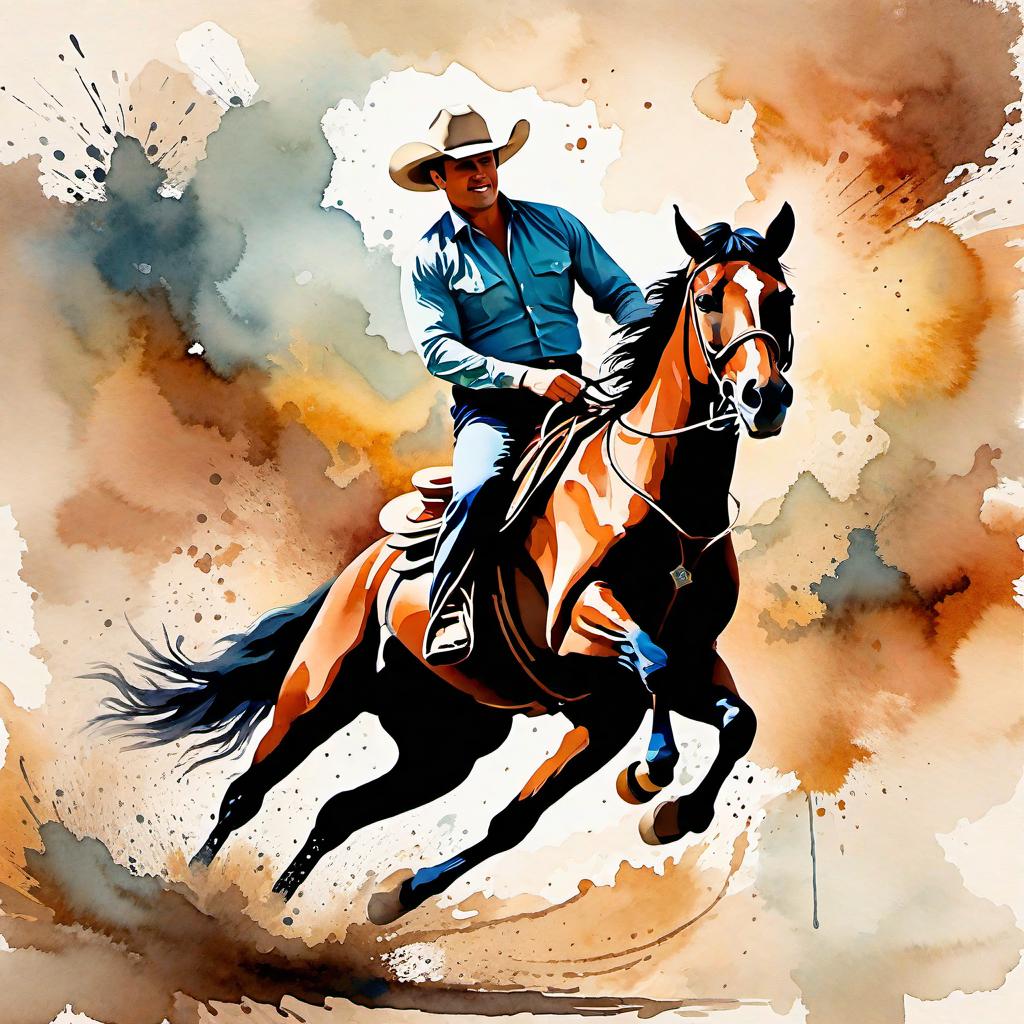  Create a watercolor painting of a man ridding a bucking horse at a rodeo. The background features soft, watercolor style splashes in earthy tones, giving the image an artistic and dreamy feel. Ensure the overall image has a delicate watercolor effect.