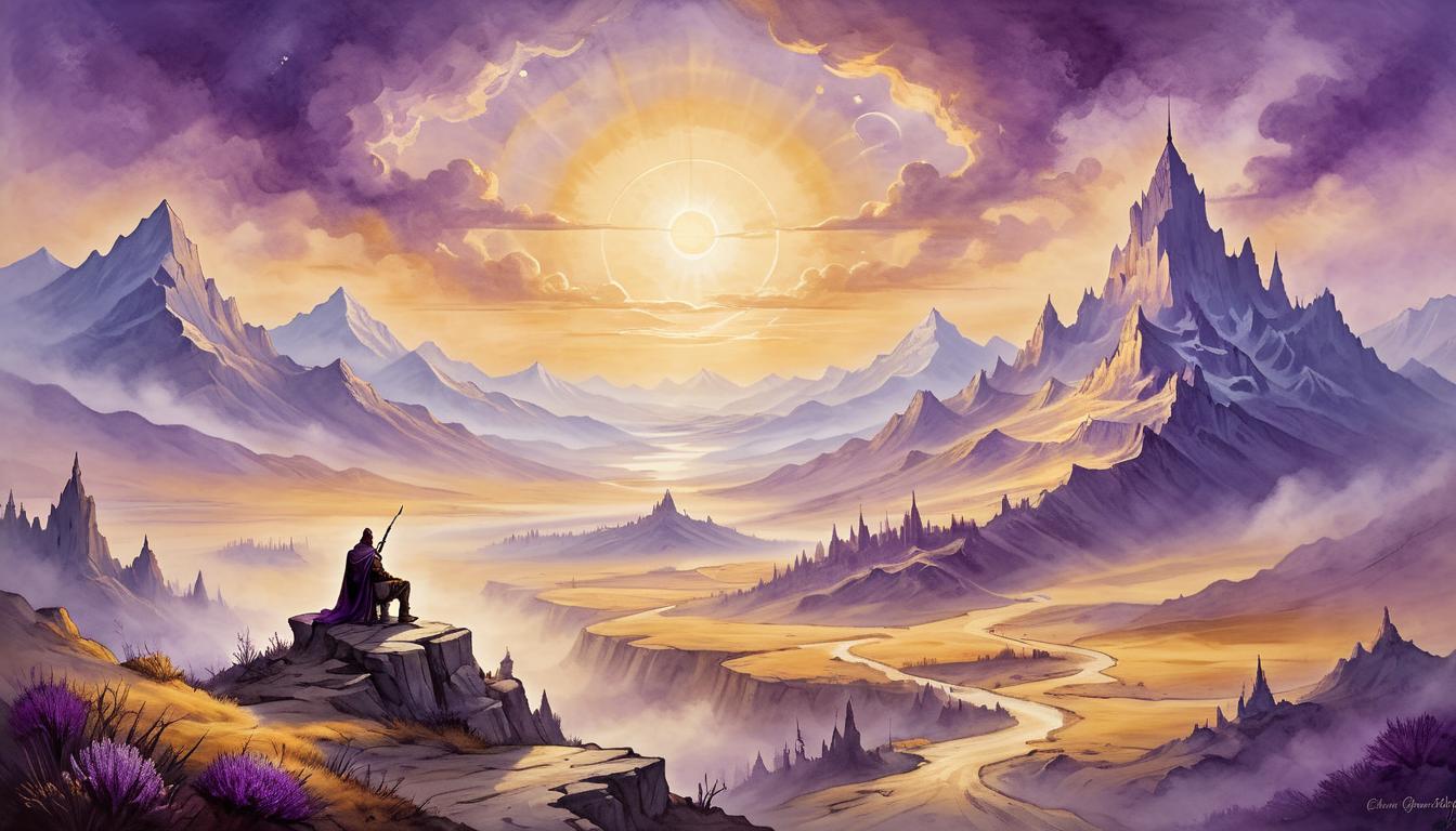  on parchment, surrealism+++, Majestic sunrise over a mystical landscape, golden and purple hues blending, light pouring over a vast horizon, mountains in background, sense of hope, new beginnings(mysterious, provocative, symbolic,muted color)+++