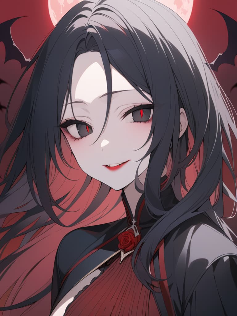  ((Long black hair,parted bangs,forehead,black eyes,long eyes,thin eyes,hanging eyes,double teeth,dark circles,blood,bright red lips,invincible smile,vampires,bats)),(Vampire mant,night sky,moonlight,red moon,red rose),, masterpiece, best quality,8k,ultra detailed,high resolution,an extremely delicate and beautiful,hyper detail