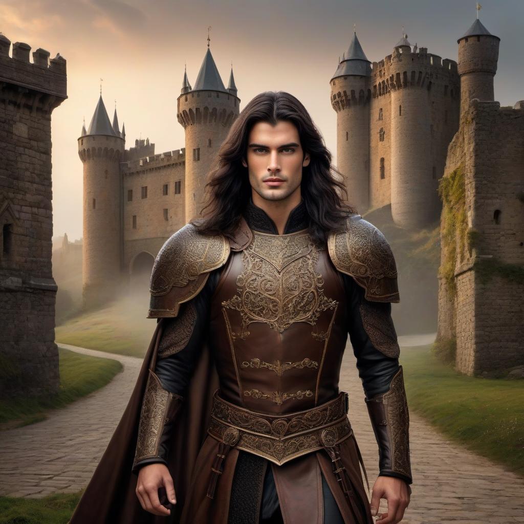  gothic style Middle Ages, young guy Sean O'Pry with long black hair, wearing brown leather armor, walking towards, full length on the background of an ancient castle, time late evening, dusk . dark, mysterious, haunting, dramatic, ornate, detailed, hkmagic, oil painting hyperrealistic, full body, detailed clothing, highly detailed, cinematic lighting, stunningly beautiful, intricate, sharp focus, f/1. 8, 85mm, (centered image composition), (professionally color graded), ((bright soft diffused light)), volumetric fog, trending on instagram, trending on tumblr, HDR 4K, 8K