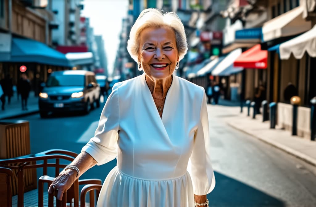  cinematic film style, elderly smiling woman in white dress going on street, blurred city background ar 3:2, maximum details, shallow depth of field, vignette, high budget Hollywood movie, bokeh, cinemascope, moody, epic, gorgeous, sun rays and shadows on furniture and surfaces, RAW photo, photography, photorealistic, ultra detailed, f1.4, sharpened focus