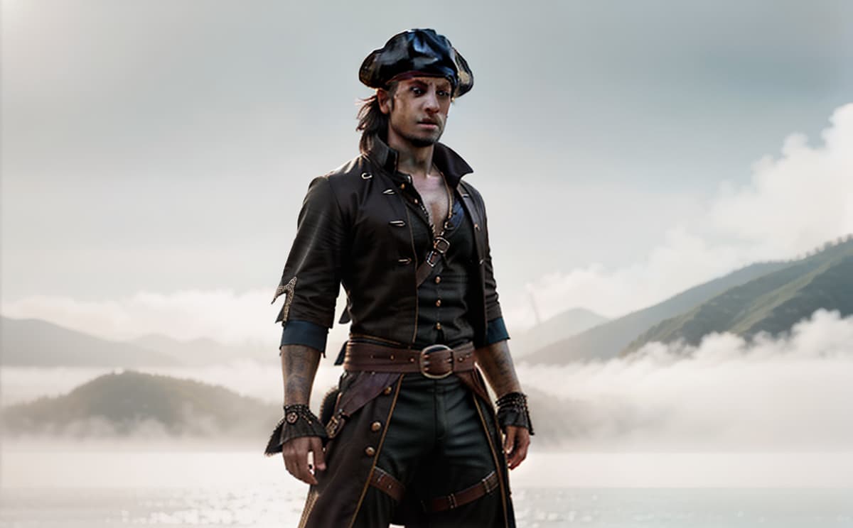  pirate male hyperrealistic, full body, detailed clothing, highly detailed, cinematic lighting, stunningly beautiful, intricate, sharp focus, f/1. 8, 85mm, (centered image composition), (professionally color graded), ((bright soft diffused light)), volumetric fog, trending on instagram, trending on tumblr, HDR 4K, 8K