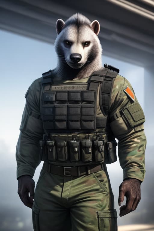  anthro, honey badger, solo, male, adult, veiny muscles, muscular, bulletproof vest, military pants, realistic fur, hyper realism, RAW photo, (realism, photorealistic:1.3), detailed, hi res hyperrealistic, full body, detailed clothing, highly detailed, cinematic lighting, stunningly beautiful, intricate, sharp focus, f/1. 8, 85mm, (centered image composition), (professionally color graded), ((bright soft diffused light)), volumetric fog, trending on instagram, trending on tumblr, HDR 4K, 8K