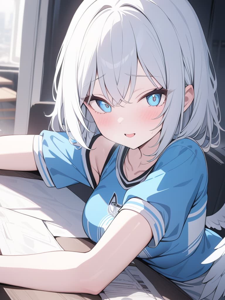  Cute, subculture, jerseys, moe sleeves, white hair, light blue, angel, light blue eye, piece, masterpiece, best quality,8k,ultra detailed,high resolution,an extremely delicate and beautiful,hyper detail