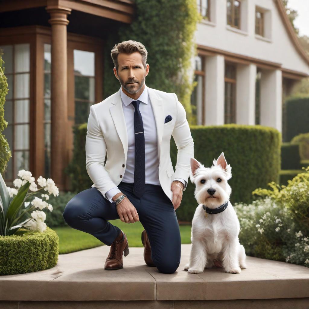  A dynamic scene set in a luxurious estate environment with a small white Schnauzer dog accurately depicted. **Title:** Performing Extraordinary Estate Management **Setting:** - A high-end estate with lush gardens, modern architecture, and sprawling lawns. **Characters:** 1. **Ryan Cohen:** Male, dressed in professional yet slightly casual attire, exuding leadership and confidence. 2. **Jonathan David:** Male, resembling Ryan Reynolds, dressed in a smart-casual outfit, displaying energy and innovation. 3. **Small White Schnauzer:** Accurately depicted as a very small, adorable white dog alongside them. **Scene:** - Ryan and Jonathan actively engaging in estate management activities, discussing plans and overseeing operations. **Props a hyperrealistic, full body, detailed clothing, highly detailed, cinematic lighting, stunningly beautiful, intricate, sharp focus, f/1. 8, 85mm, (centered image composition), (professionally color graded), ((bright soft diffused light)), volumetric fog, trending on instagram, trending on tumblr, HDR 4K, 8K