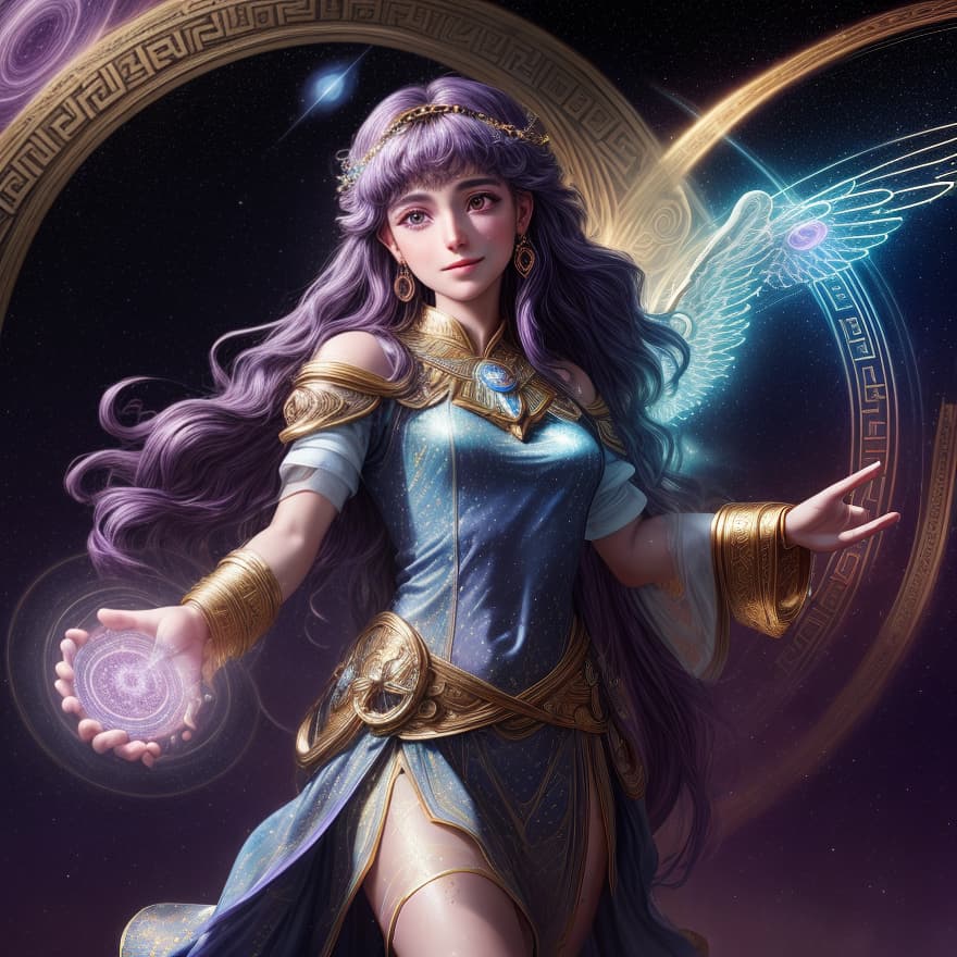  one goddees, 1 character, from sky, from heaven, A hyper realistic opal statue of Greek goddesses of dreams ((Oneiros)) Athena with, peace god, stone skin, a little smile cute and kind, glowing magic circles on background, dream style, on the purple magic circle , an Athena temple magic lights falling, two white wings from back of body, three quoter view, French girl face, sharp detailed, purple and gold clothes, dark purple hair, Sparkling Golden Particles Trail Stars Glittering particle effect, doing magic with hands, Hyperdetailed photorealism, 108 megapixels, purple amazing depth, an Athena temple, glowing rich colors, powerful imagery, psychedelic, cinematic lighting, Artstation concept art, smooth, sharp focus, 8k, an epic fantasy, Di