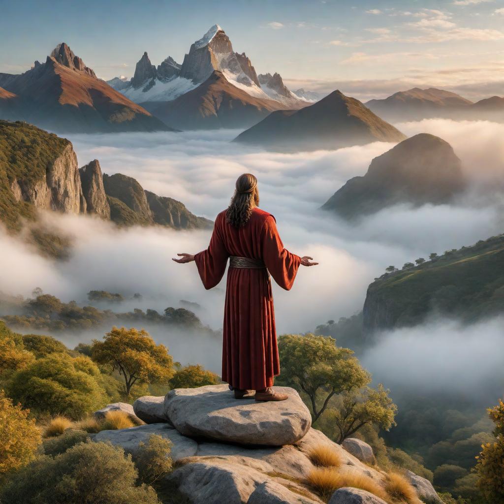  An image of Christ standing on a rock, surrounded by a serene landscape, teaching a group of people gathered around him with a thoughtful expression. The scene should convey a sense of peace, wisdom, and spiritual guidance. hyperrealistic, full body, detailed clothing, highly detailed, cinematic lighting, stunningly beautiful, intricate, sharp focus, f/1. 8, 85mm, (centered image composition), (professionally color graded), ((bright soft diffused light)), volumetric fog, trending on instagram, trending on tumblr, HDR 4K, 8K