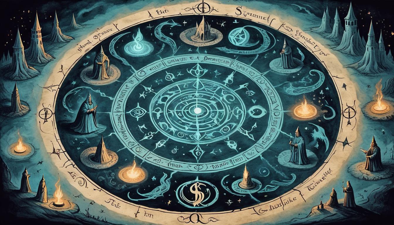  on parchment, surrealism+++, Dark wizard in a circular summoning circle, symbols etched into the ground glowing, mystical energies swirling around, arcane, formidable(mysterious, provocative, symbolic,muted color)+++