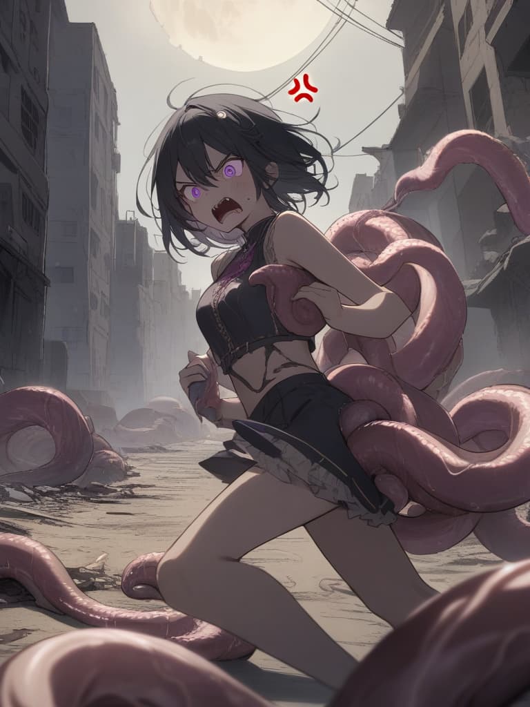  A girl fused with a tentacle,((Tentacles coming out of the back,beige Tentacles,beige feeler,beige sharp tentacle))1.8,((Anger,screaming,hatred))1.2,murderous intent,mouths open,running,tattered clothes,rubble,collapsed buildings,cool girl,Black hair,(purple eyes),short,cropped hair,crescent moon hair ornament, masterpiece, best quality,8k,ultra detailed,high resolution,an extremely delicate and beautiful,hyper detail