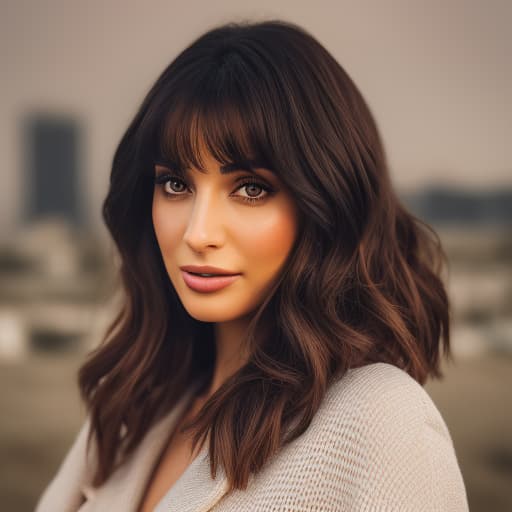 portrait+ style An Arab woman with dark eyes, a small delicate nose, wavy brown hair, and bangs. Her upper body will be depicted, and she will be wearing a blue dress. hyperrealistic, full body, detailed clothing, highly detailed, cinematic lighting, stunningly beautiful, intricate, sharp focus, f/1. 8, 85mm, (centered image composition), (professionally color graded), ((bright soft diffused light)), volumetric fog, trending on instagram, trending on tumblr, HDR 4K, 8K