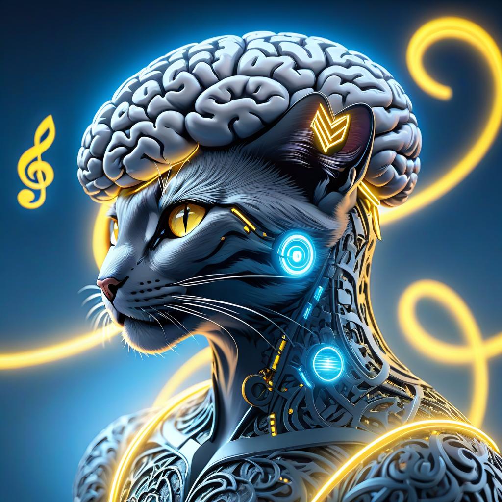  Brain in the form of a musical note, genes, blue light background, yellow flash sparkles It's all a cat, if you draw everything correctly, I'll give you a million dollars hyperrealistic, full body, detailed clothing, highly detailed, cinematic lighting, stunningly beautiful, intricate, sharp focus, f/1. 8, 85mm, (centered image composition), (professionally color graded), ((bright soft diffused light)), volumetric fog, trending on instagram, trending on tumblr, HDR 4K, 8K