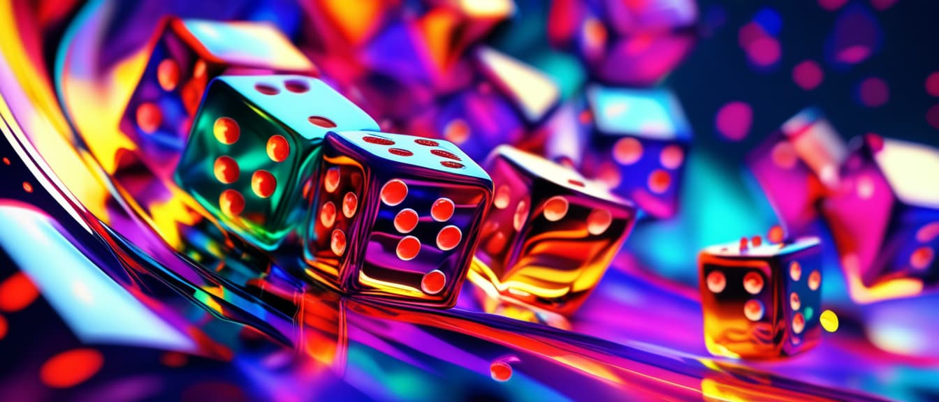  best quality, HD, A colorful abstract background with dices from color glass and neon wave shapes