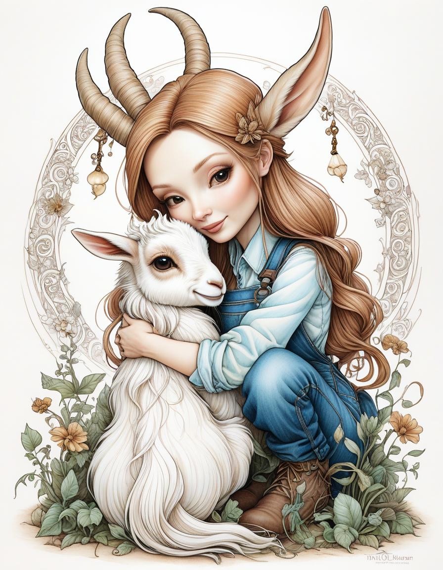  Chris Ryniak, Naoto Hattori, (Wendy Froud), ((coloring style)), sticker, black lines on a white background, { Fairytale girl in Tilda Doll style with long hair, denim overalls, sitting next to and hugging a cute baby goat)) }, drawing with black marker on a white background , mysticism, fairy tale, fantasy, good detail, good drawing, cartoon style, clear contours, attractiveness, Graciela Rodo Boulanger, Bill Pocket, (Wendy Froud) hyperrealistic, full body, detailed clothing, highly detailed, cinematic lighting, stunningly beautiful, intricate, sharp focus, f/1. 8, 85mm, (centered image composition), (professionally color graded), ((bright soft diffused light)), volumetric fog, trending on instagram, trending on tumblr, HDR 4K, 8K