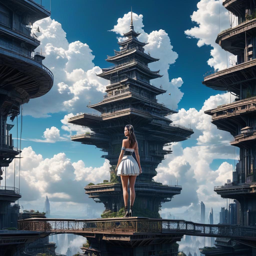  stacked papercut art of (character focus:1.1), Dilapidated fortress, detailed background, (<lora:PunkBundleAI:0.4>, valvepunkai, retro futuristic theme:1.1), (cloud city:1.1), utopian cloudtop sky city, floating platforms, floating buildings, tower, railing, clouds in background, sky waterfall in background, wind blowing, cinematic atmosphere, sunny, it is rainy . 3D, layered, dimensional, depth, precision cut, stacked layers, papercut, high contrast hyperrealistic, full body, detailed clothing, highly detailed, cinematic lighting, stunningly beautiful, intricate, sharp focus, f/1. 8, 85mm, (centered image composition), (professionally color graded), ((bright soft diffused light)), volumetric fog, trending on instagram, trending on tumblr, HDR 4K, 8K