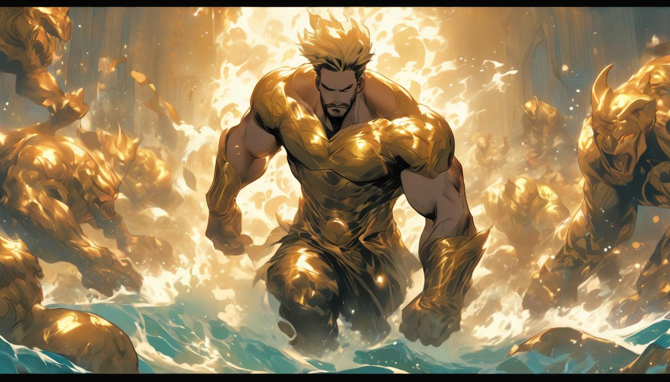  hyperrealism,fantasy aestheticHercules amidst the Augean stables, using rivers to cleanse filth, engulfing scene of water and debris, golden apples in a distant celestial garden, transformation, mythic quest, high tech clothing clad in sleek, futuristic costume with metallic accents and form fitting designs, marvel superhero comics style, unreal engine rendering