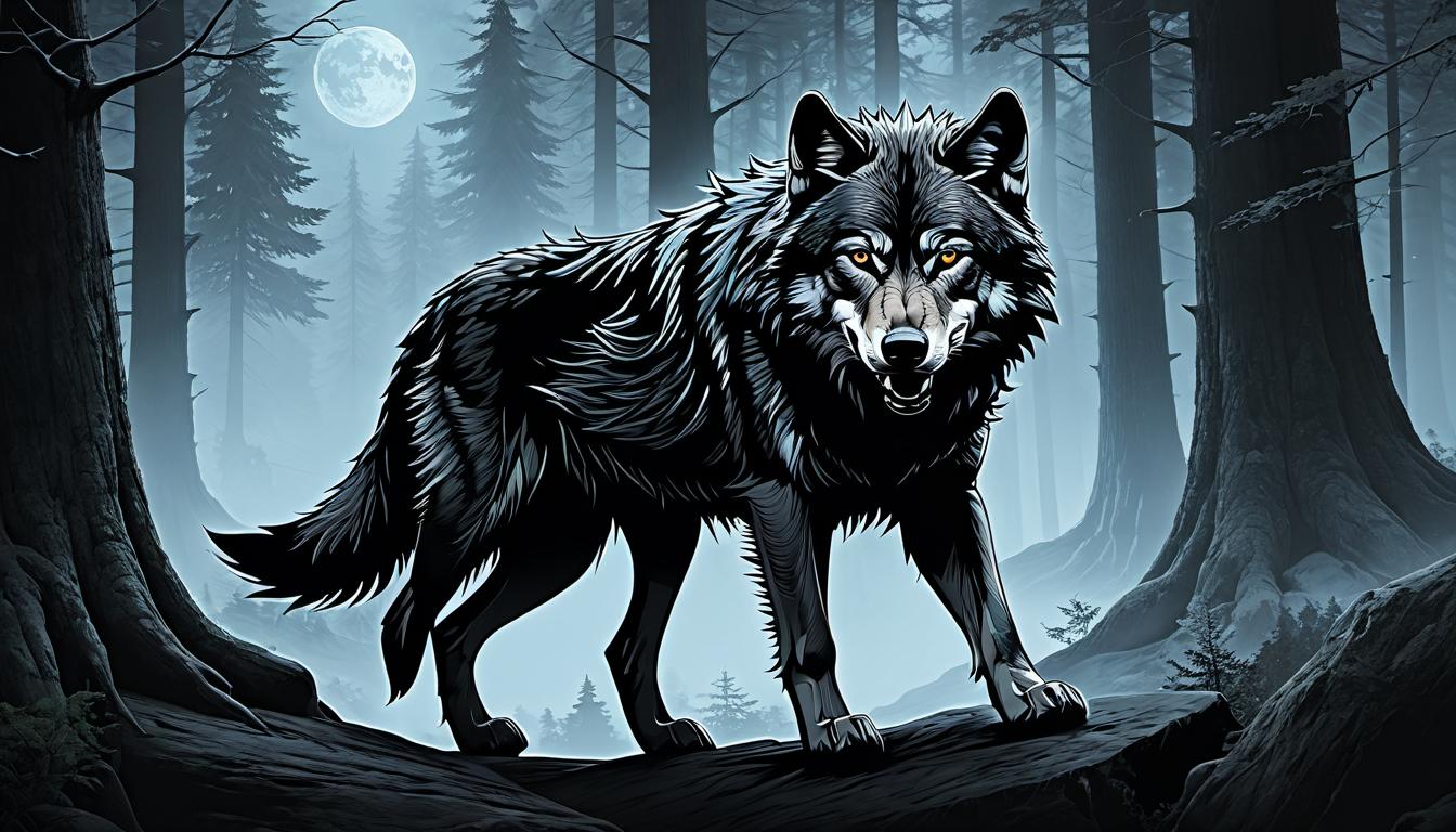  （surrealism)A wolf in a defensive stance, back arched, eyes glowing, background of a dark, swirling forest, resistance, defiance mystic, intricate details, best quality)