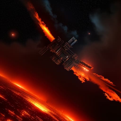  Cinematic, breathtaking photograph of a far away space station, covered in flames, burnt debris seen, outer space background wide body