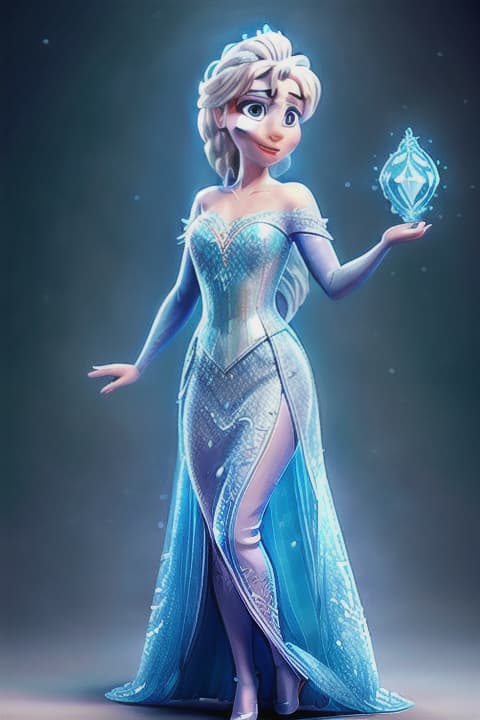  Queen Elsa of Frozen movie, Queen Elsa, Cartoon style, full body shot, intricate technology, Trending on Artstation, 4K, Masterpiece, Cinematic lighting, Ultra detailed, 8k, pop art, symmetrical balance, jewelry, peaceful, happy