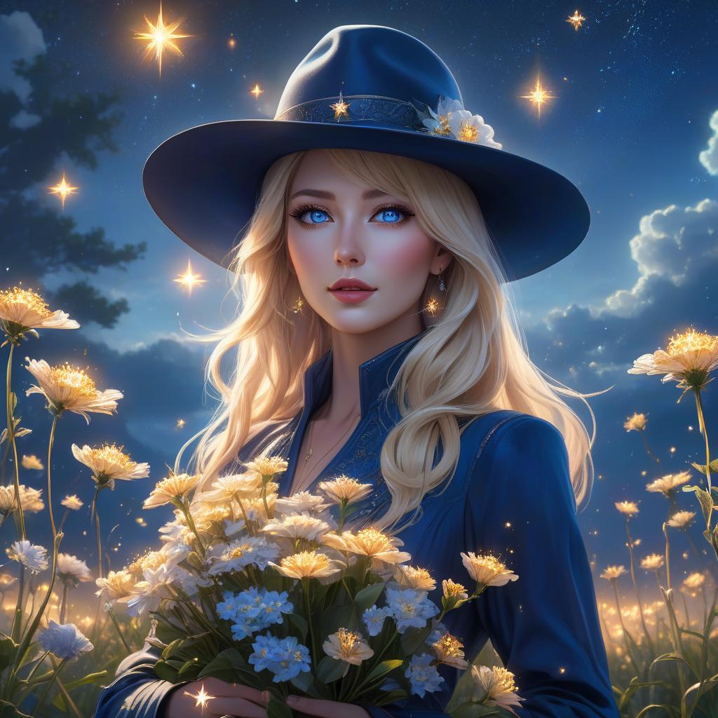  concept art A lady in a hat holding flowers against a beautiful dark blue evening Sky With fireflies and many stars in the sky and the flower he was holding was shining brightly And there are many shooting stars in the sky He has blonde hair and blue eyes, 8k resolution holographic astral cosmic illustration mixed media by Pablo Amaringo . digital artwork, illustrative, painterly, matte painting, highly detailed hyperrealistic, full body, detailed clothing, highly detailed, cinematic lighting, stunningly beautiful, intricate, sharp focus, f/1. 8, 85mm, (centered image composition), (professionally color graded), ((bright soft diffused light)), volumetric fog, trending on instagram, trending on tumblr, HDR 4K, 8K