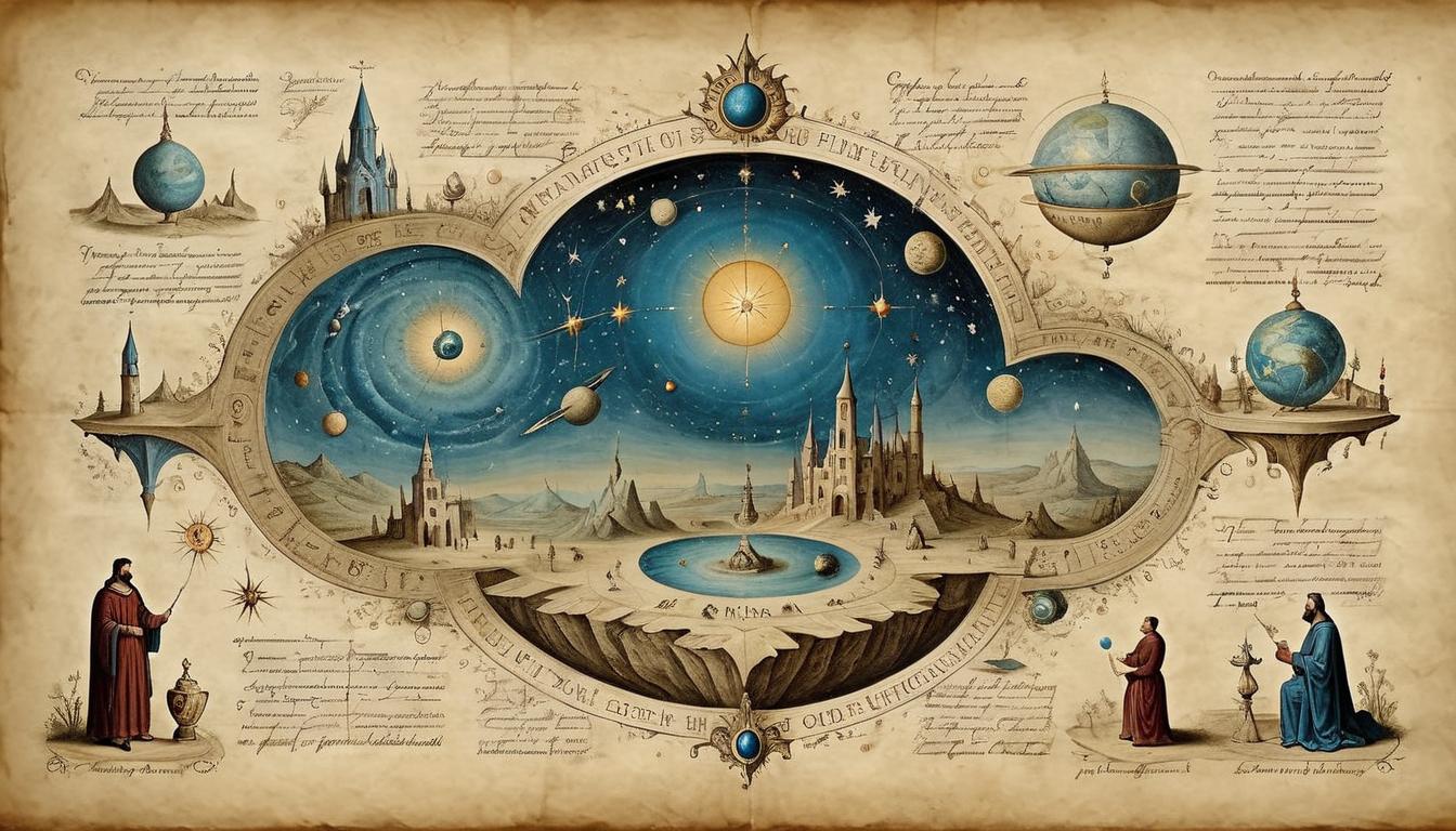  on parchment, surrealism+++, Awestruck figures, cosmos of understanding, vastness of knowledge, bewildering, impressive(mysterious, provocative, symbolic,muted color)+++