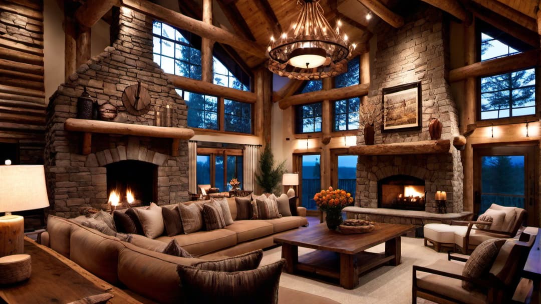  Interior of a log cabin with a high, vaulted ceiling made of exposed wooden beams, rustic chandeliers hanging above, casting warm, inviting light, a cozy fireplace in the background with stone masonry, wooden furniture with plush cushions, natural textures and earthy tones throughout the design.