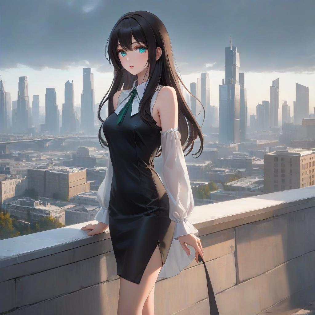  anime artwork Маленькая человекоподобная обезьяна в обмуbeautiful , , white skinned, European, blue eyes, long brown straight hair, slender figure, small neat s, dressed in a black dress with a white collar and white cuffs, full length, against the backdrop of a modern city. Skyscrs of Moscow City (photorealism, oil painting: 1.3), (full length shot: 1.3), charming , long flowing black hair, (large sensual mouth: 1.2), plump lips, sparkling emerald eyes , narrow waist, (sensual drawing: 1.2), silvery glow, ethereal aura, detailed brushwork, intricate shadows and highlights, mysterious and captivating expression, unique color palette, masterful use of light and shadow hyperrealistic, full body, detailed clothing, highly detailed, cinematic lighting, stunningly beautiful, intricate, sharp focus, f/1. 8, 85mm, (centered image composition), (professionally color graded), ((bright soft diffused light)), volumetric fog, trending on instagram, trending on tumblr, HDR 4K, 8K