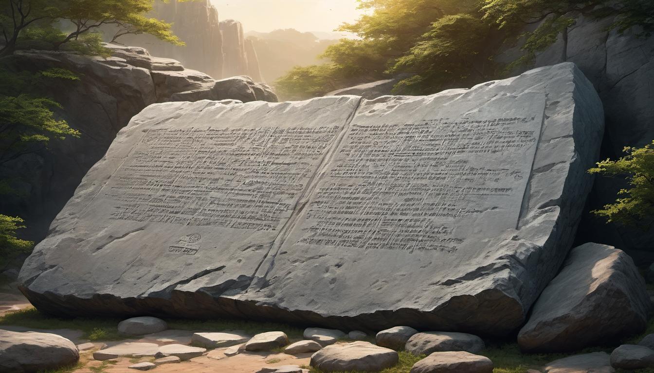  digital painting of A massive stone tablet inscribed with ancient text, cracks and weathering, surrounded by soft light, testament of history, profound lesson, enduring wisdom looking at viewer, dynamic pose, (intricate details, masterpiece, best quality)