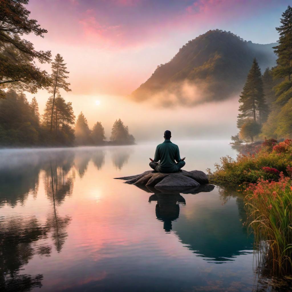  a serene sunrise over a calm lake with vibrant colors, a gentle mist rising from the water, and a silhouette of a person meditating on the shore, capturing a sense of peace, tranquility, and positive energy. hyperrealistic, full body, detailed clothing, highly detailed, cinematic lighting, stunningly beautiful, intricate, sharp focus, f/1. 8, 85mm, (centered image composition), (professionally color graded), ((bright soft diffused light)), volumetric fog, trending on instagram, trending on tumblr, HDR 4K, 8K